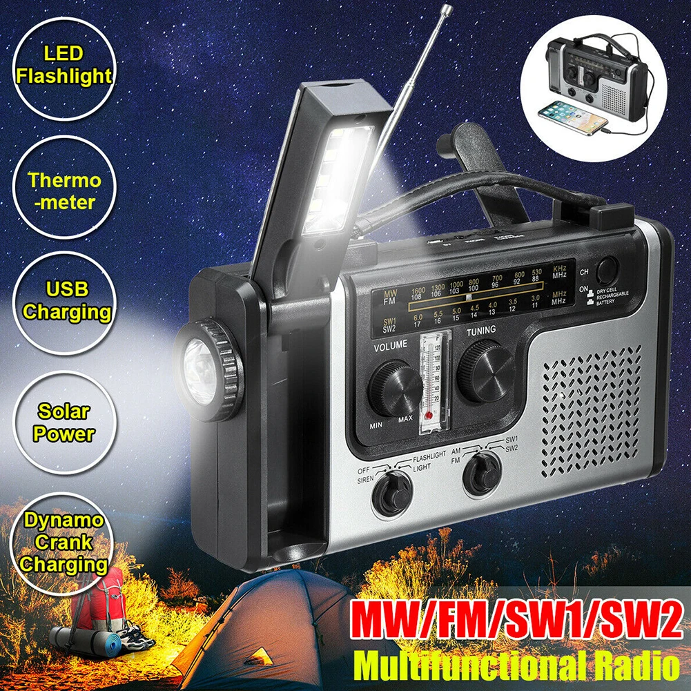 

Multifunctional Hand radio Solar Crank Dynamo Powered AM/FM/NOAA Weather Radio Use Emergency LED Flashlight Power Bank