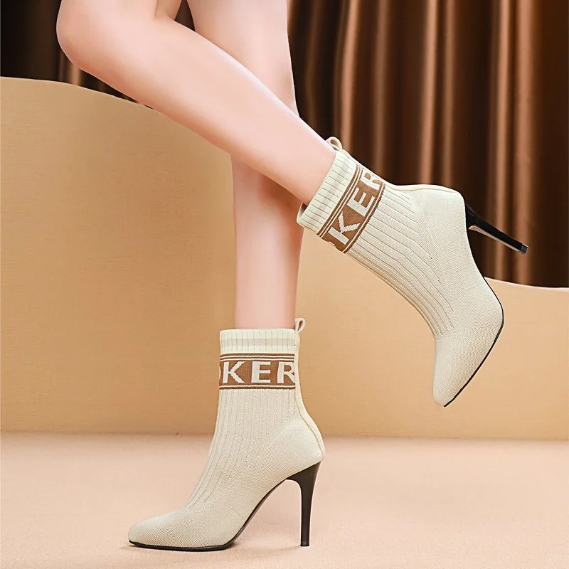 

Autumn Women Pointed Short Boots High Heels Ankle Boots Comfortable Slip-on Sexy Boots Shoes for Women Stretch Knitting Shoes