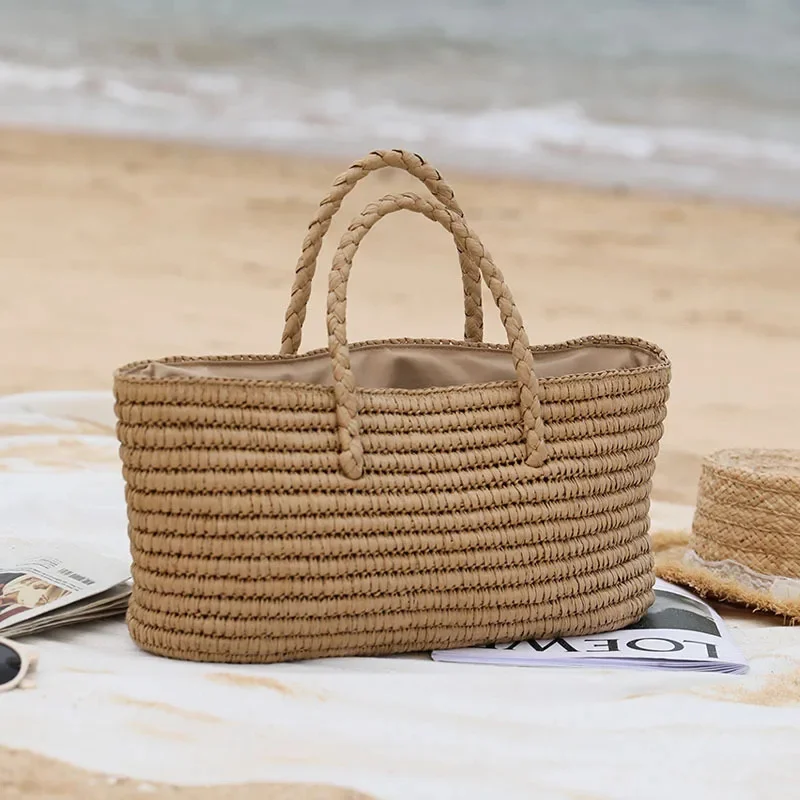 

2024 New Straw Woven Bag Handmade Straw Bag Woven Bag Portable Vegetable Basket Female Bag Large-capacity Seaside Beach Bag