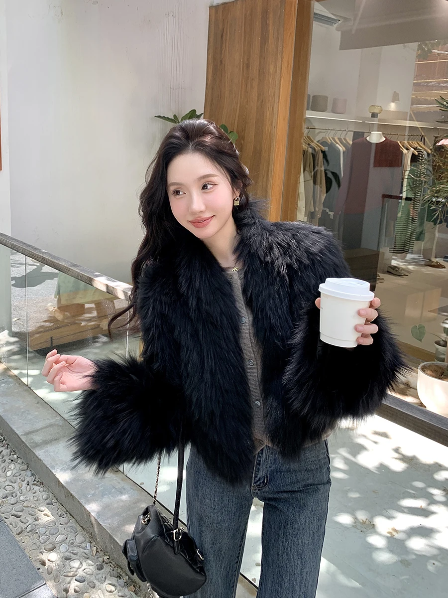 Imported Raccoon Spokes Fur Outerwear Women Short 2024 Winter New Coat Young Sle Slimming Black |