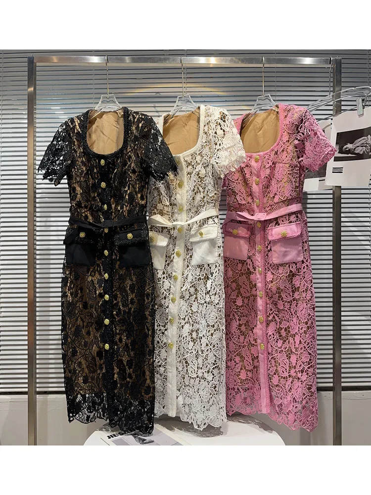 

HIGH STREET Newest 2023 Designer Stylish Fashion Women's Lace Hook Flower Hollow Belt Long Dress