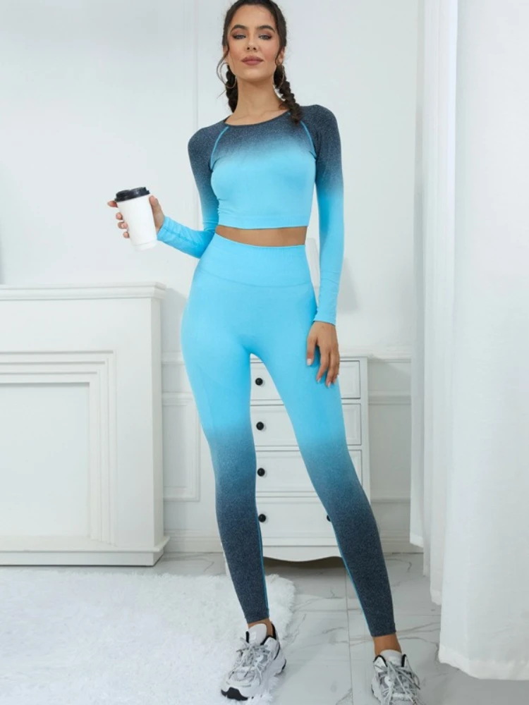 

SALSPOR Women Top Suit Seamless Gradual Change Yoga Suit Hanging Dye Tight Long Sleeve Top Stretch Casual Trousers Two-Piece Set