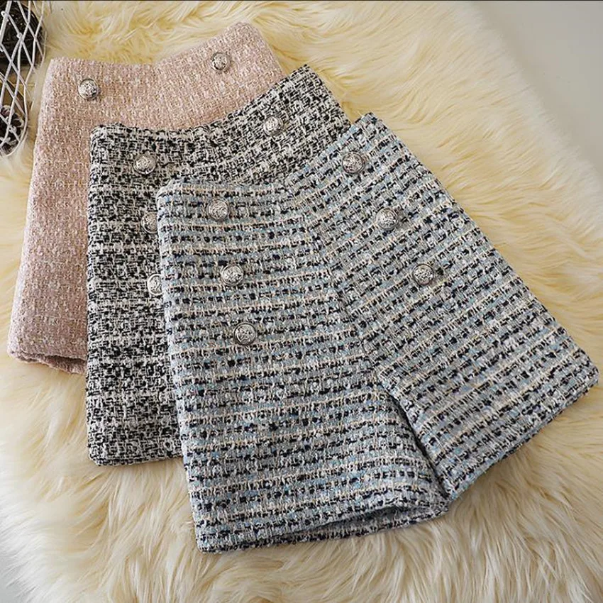 

Женские твидовые шерстяные шорты, маленькие парные двубортные широкие шорты с высокой талией в стиле ретро, Осень-зима