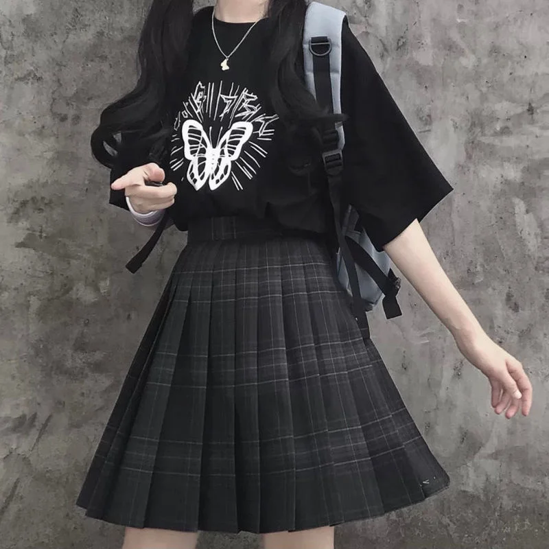 

Women's Plaid Black Gothic Skirt, Mini Pleated High Waist Skirt, Kawaii Harajuku, Japanese School Uniform Preppy Style