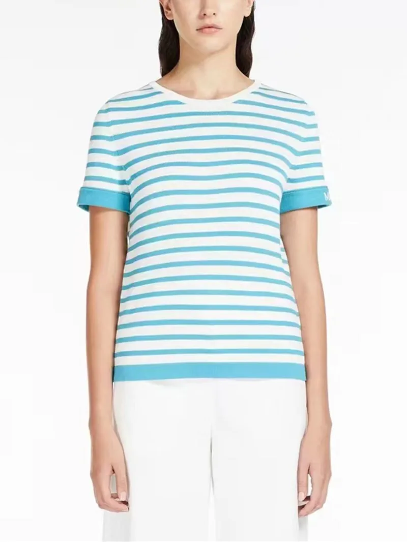 

Женская футболка в полоску, Свободная трикотажная футболка контрастного цвета, Повседневная