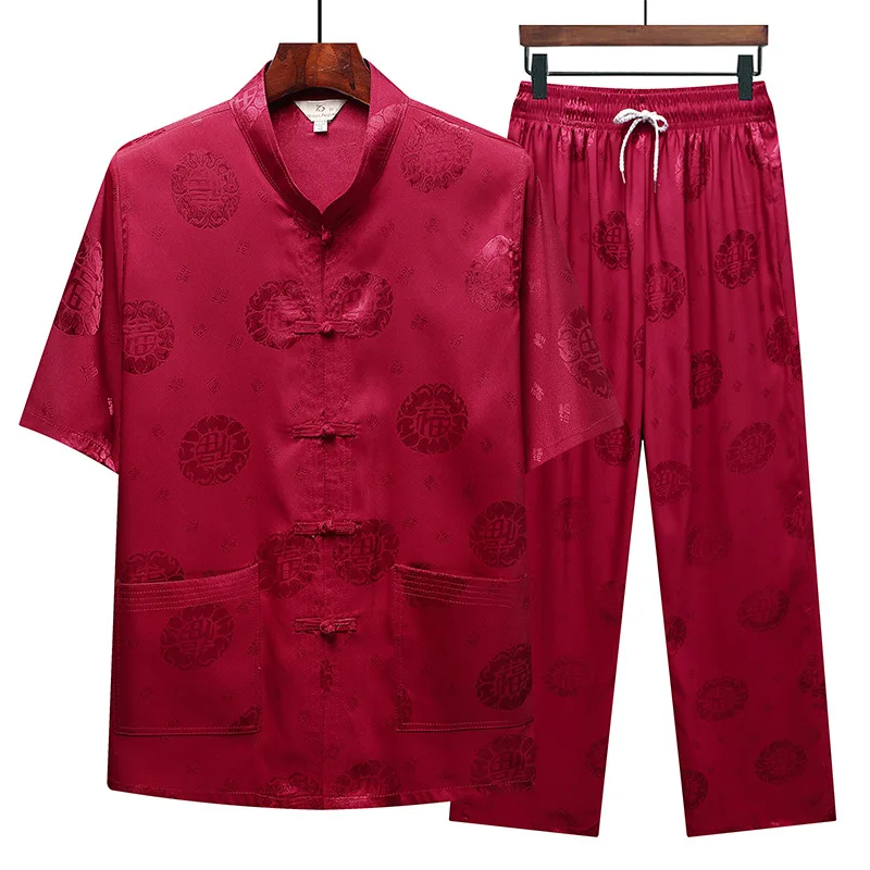 

Летний Тонкий костюм Yourqipao в китайском стиле Тан, повседневный костюм Тай-Чи для мужчин среднего возраста, атласная рубашка и брюки из вискозы