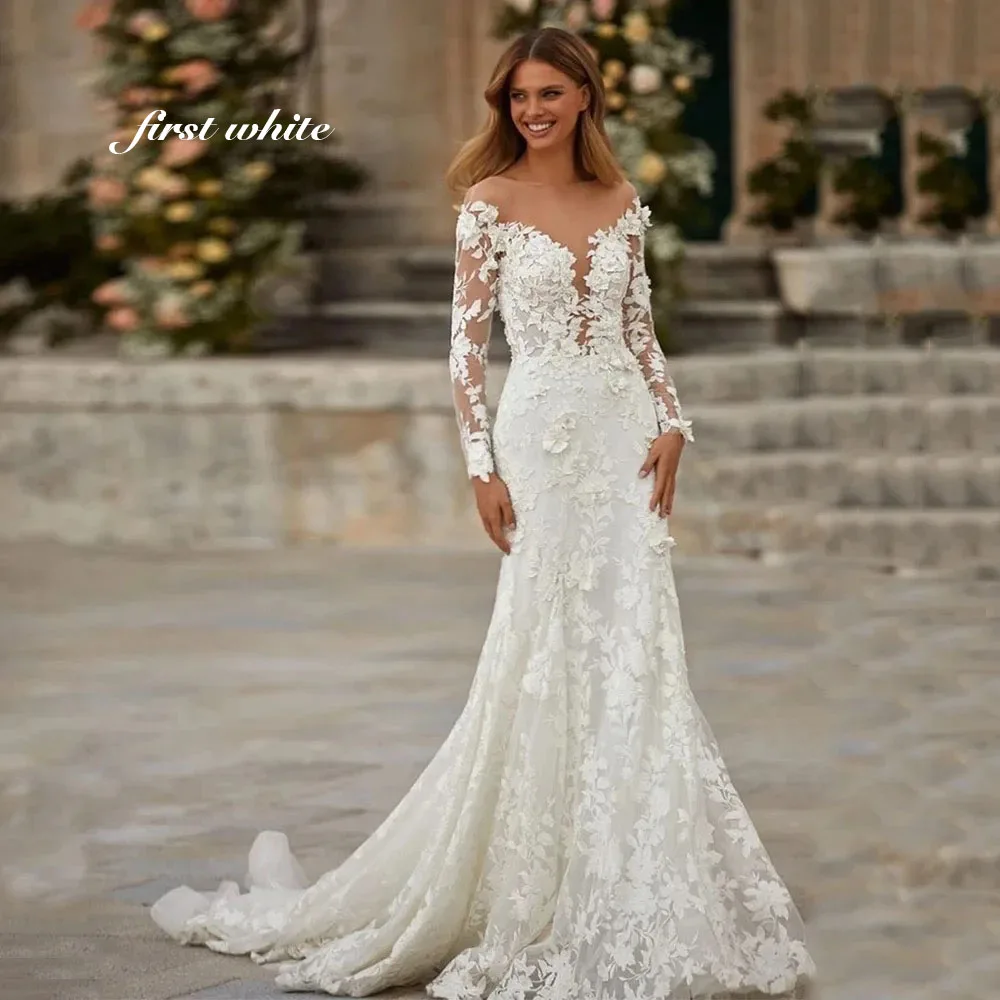 2025Boho Свадебные платья русалки с скользящим шлейфом и длинными рукавами глубоким