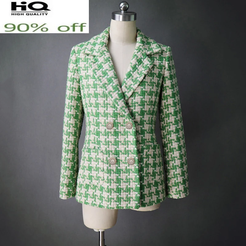 

Женское твидовое пальто в зеленую клетку на весну/Осень/зиму, куртка с длинными рукавами и узором «гусиные лапки»