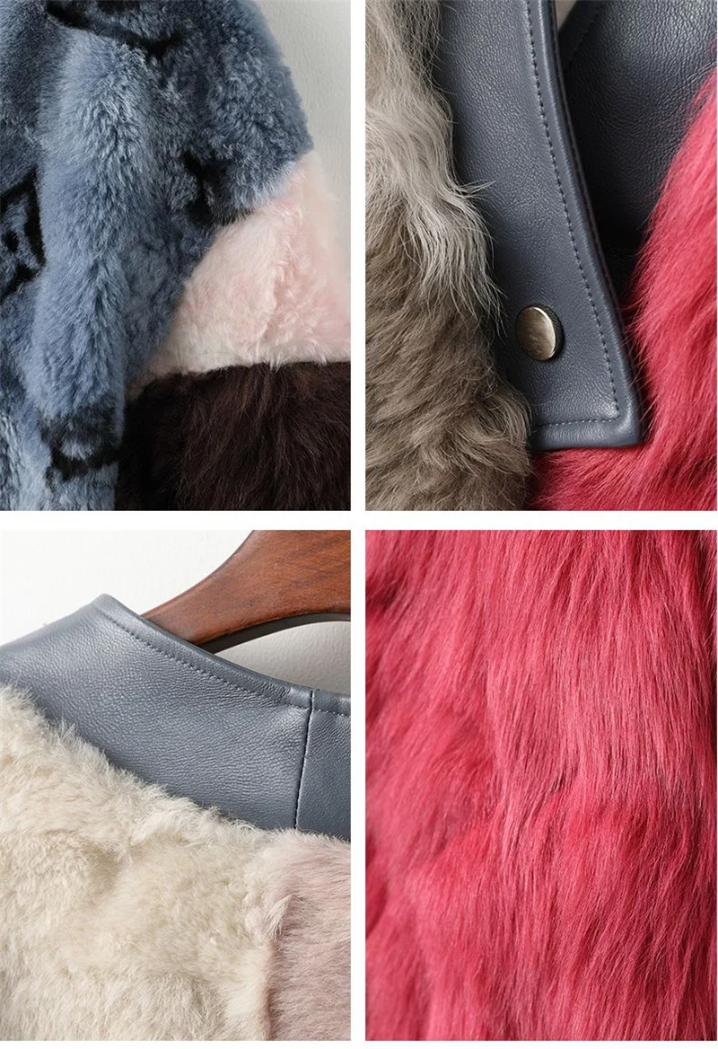 FANIECES 100% Real Lamb Fur Coat Women Winter Jacket Warm Streetwear Contrast V-Neck Fur Coat Natural Fox Fur Collar Overcoat