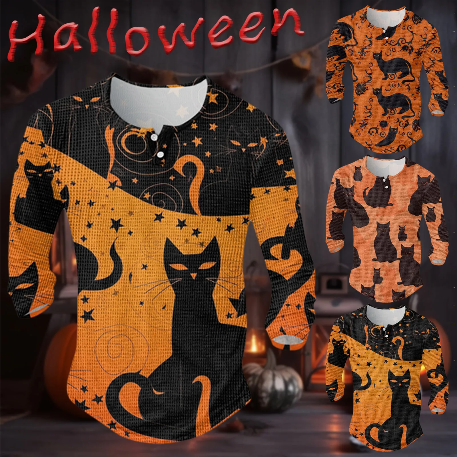 

Male Long Sleeve Halloween Print Top Button Plaid Personalized Bottom T Shirt Dark streetwear