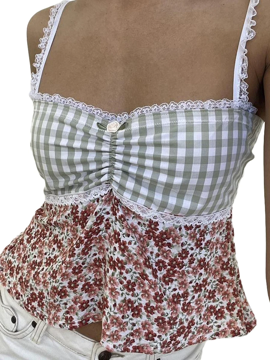 

Y2K Floral Cami Top Women Sexy Lace Trim Spaghetti Strap Backless Going Out Crop Tops Cute Summer Tank Clothing
