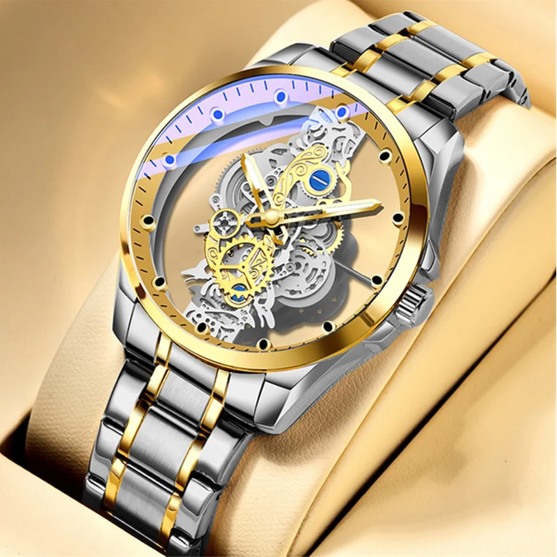 

Top Brand Luxury Stainless Steel Watch for Men Double-sided Hollow Automatic Wristwatch Fashion Business Mens Watch reloj hombre