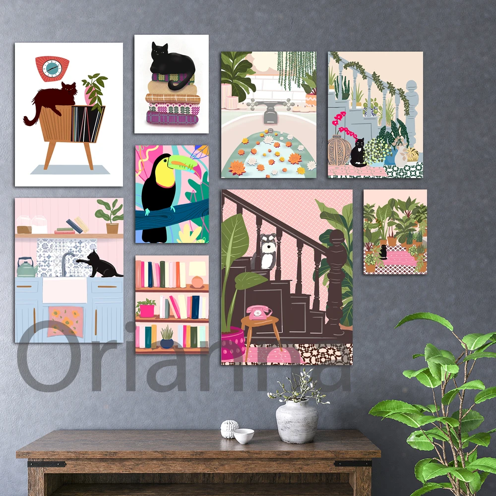 

Настенная картина Hd Печать Черный кот растение животное плакат домашний декор скандинавский акварель модульные картины на холсте картины ...