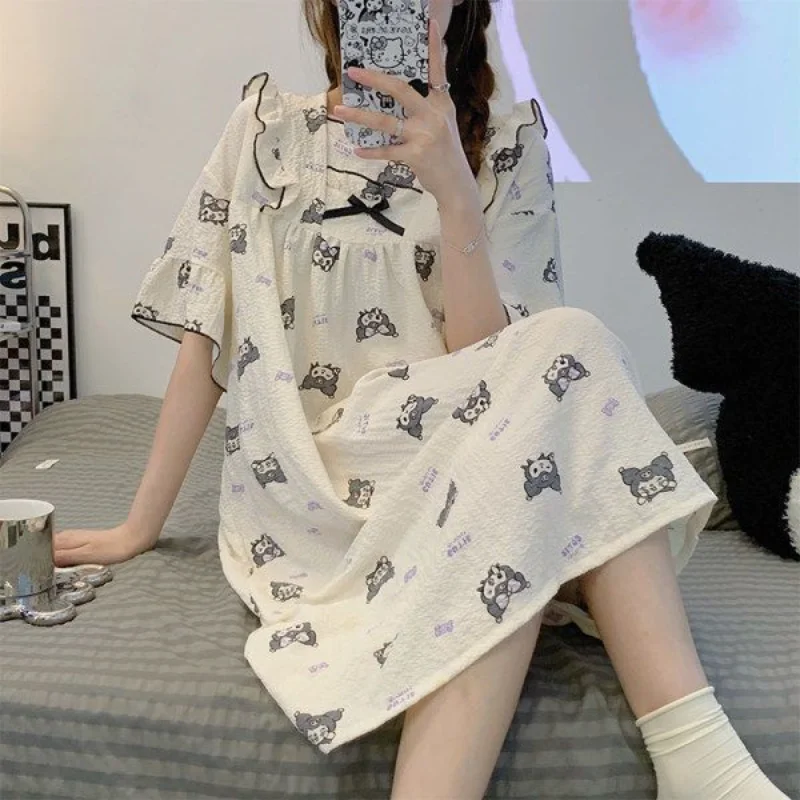 

Kawaii Sanrio Kuromi почтовые Пижамные брюки летние новые платья для сна милые женские стильные с оборками милые Мультяшные с бантом домашняя одежда