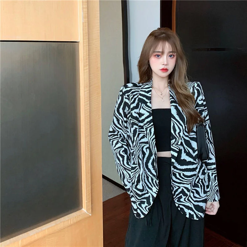 

Europe Spring Womens Tops And Blouses New Women's Zebra Pattern Suit Collar Medium Chiffon Thin Design Plus Size Black Jacket
