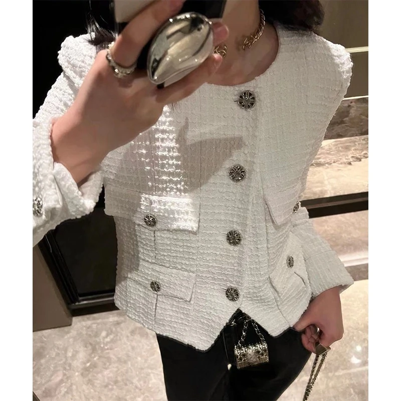 

Женские куртки весна-осень 2022, белые пальто, Подиумные дизайнерские блейзеры с круглым вырезом, элегантные офисные женские топы, одежда в японском и корейском стиле