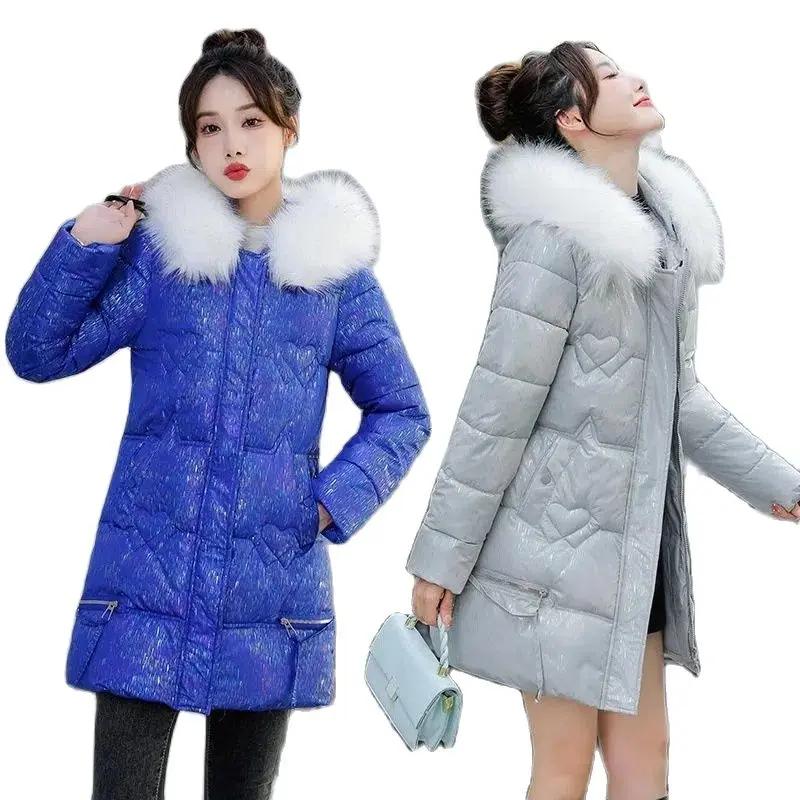 

Fashion New 2022 Winter Women Coat Big Fur Collar Bright Color Down Cotton Padded Jacket Hooded Collar Mid-Length Outwear Female