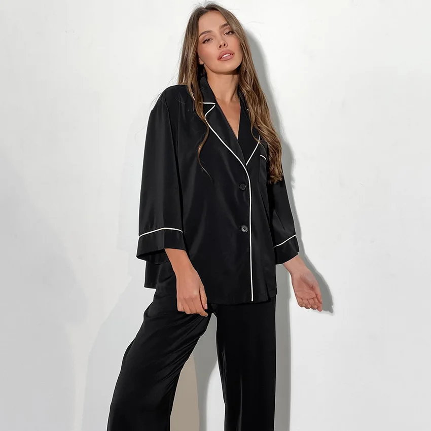 

2022 Summer New French Style Comfortable Luxury Loose Silk Satin Trend Nine Point Sleeves Suit Collar Pajamas Women Home Clothes