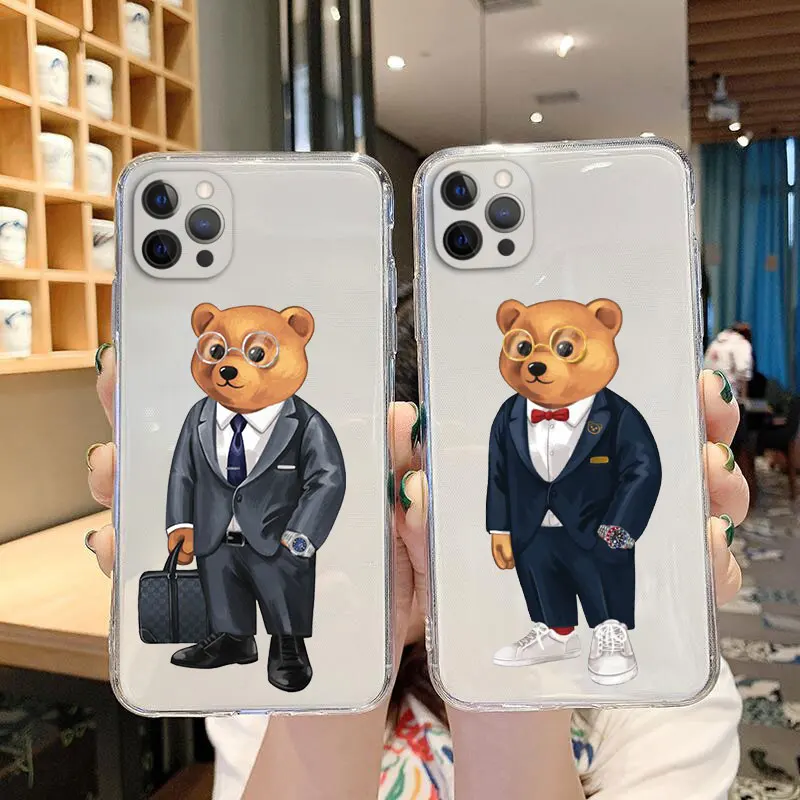 

For iPhone 11 12 13 Pro Max Mini 7 8 Plus X XS XR 2020 Transparent Case Cute Bear Fashion Brand Protective Silicone Case