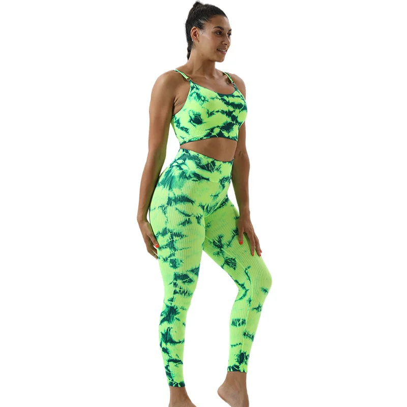 Seamless Tie-dye Yoga Sets Sports Fitness High Waist Hip Raise Trousers Beauty Back Bra Suits Workout Gym Leggings Set for Women