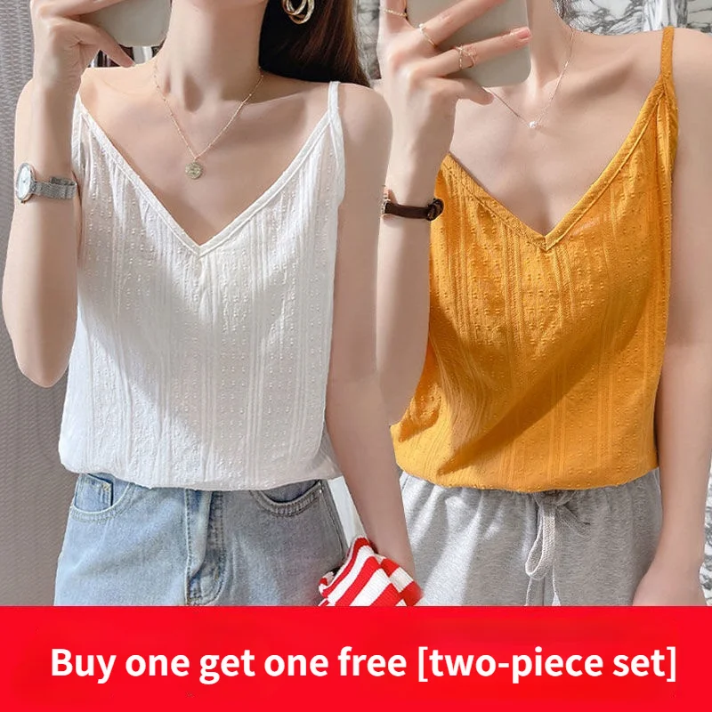 Женский топ с V-образным вырезом, белая хлопковая майка, простая Корейская версия, однотонная элегантная майка, свободная пикантная уличная ...