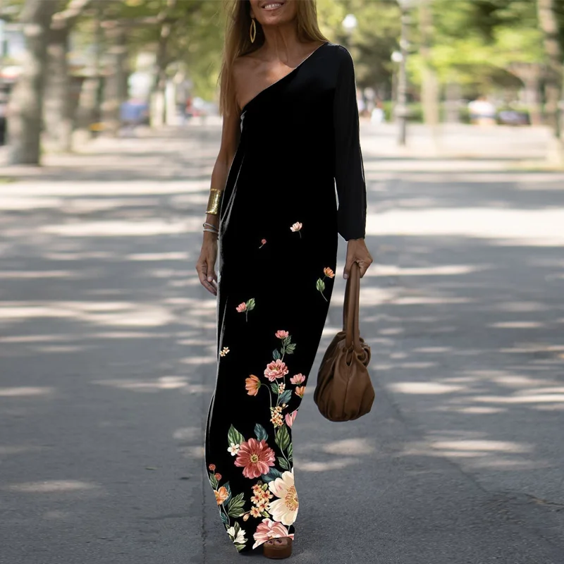 

Harajuku Long Sleeve Loose Print Female Dress Sexy Party Holiday Dresses Vestidos Vintage Off Shoulder Women Straight Maxi Dress