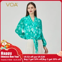 voa casual elegant spring women button shirts autumn bow sash long sleeves print shirt female v neck office lady tops new be786