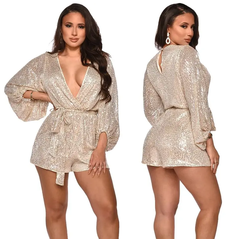 

Nightclub Jumpsuit Women Spring Sequined V-neck Lantern Sleeve Sexy Romper One Piece Pants Lounge Club Streetwear Wholesale