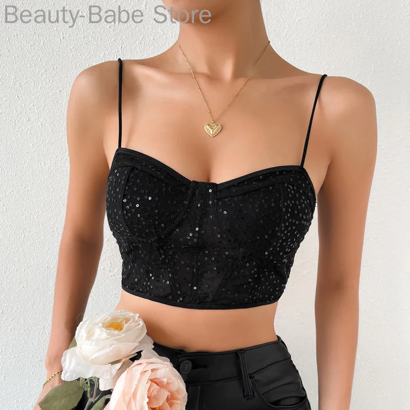 

Women Sexy Solid Color Glitter Sequin Decor Spaghetti Strap Backless Top