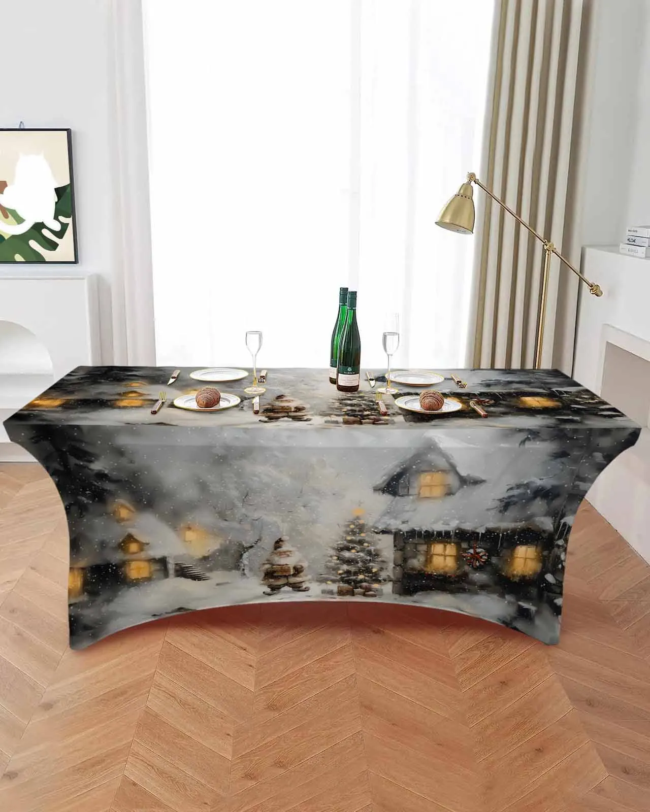 Высокая эластичная скатерть с рисунком рождественского карликового леса снега