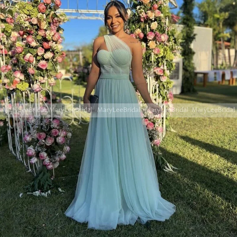 

Mint Green Tulle Prom Dresses Pleat One Shoulder Illusion Bodice A-line Evening Dress Sleeveless Prom Party Dress for Women 2022
