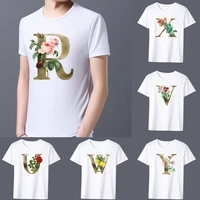 mens classic t shirt casual o neck golden flower lettern printing pattern series commuter all match breathable white shirt