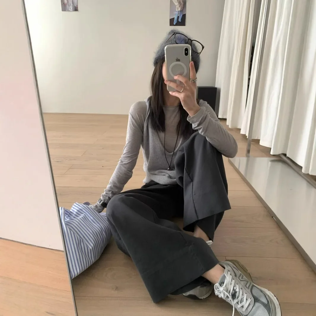 Att2024 осенний новый женский вязаный жилет с v-образным вырезом однотонный пуловер