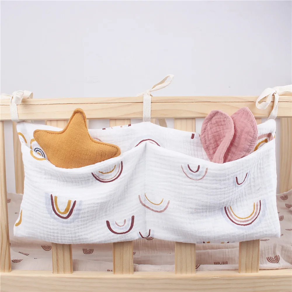 

Pure Cotton Baby Bedside Storage Bag Baby Bed Storage Bag Portable Stroller Hanging Bag Printed Milk Bottle Storage Diaper Bag