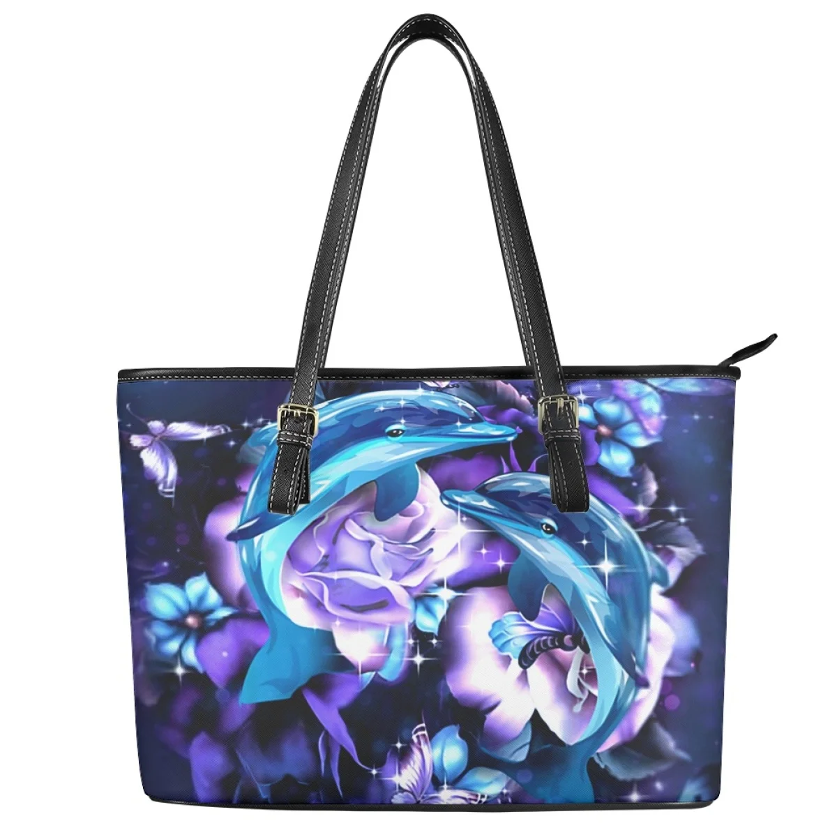 Blue Dolphin with Purple Rose Design Fashion Women Handbags Casual Large Capacity Shoulder Bag Totes for Female Girls Travel Bag