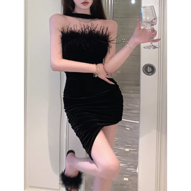 

Women Autumn 2023 Korean Style Irregular Plush Patchwork Tight-fitting Long-sleeved Retro Velvet Dress Slim Dress