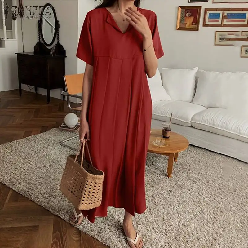 

Fashion Holiday Long Shirt Midi Dress Vintage Half Sleeve Vestido Women Spring Sundress 2022 ZANZEA Elegant Solid Dress Oversize