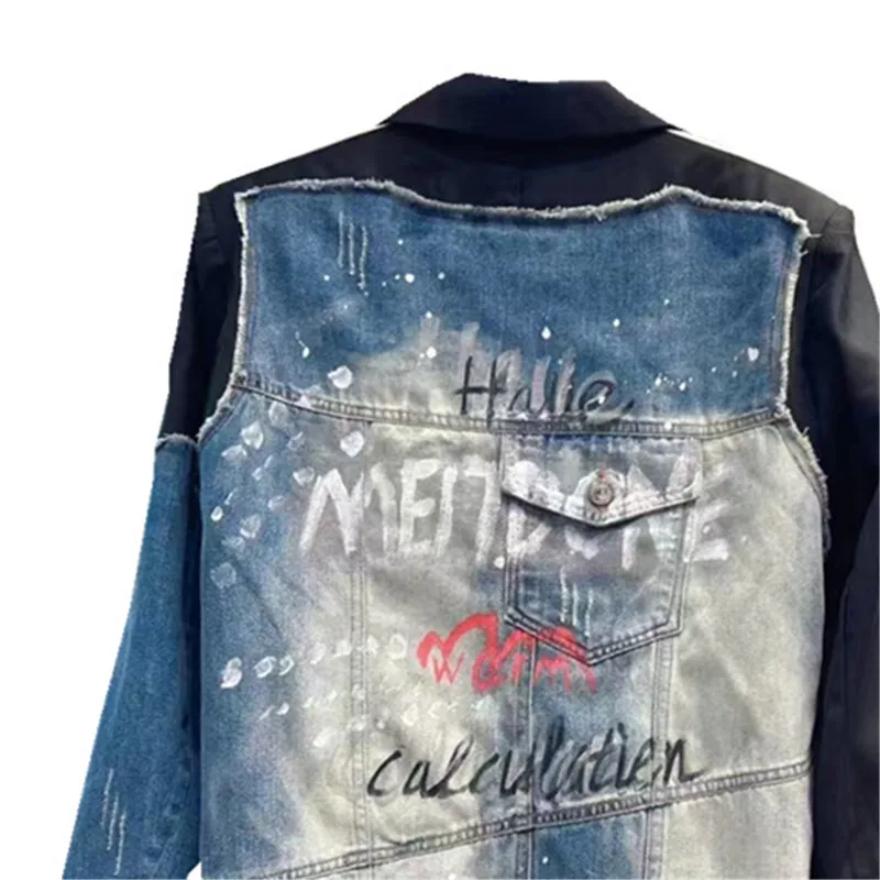 [ZOCI] Ветер ранней осенью новая цветная джинсовая куртка с ручной росписью букв