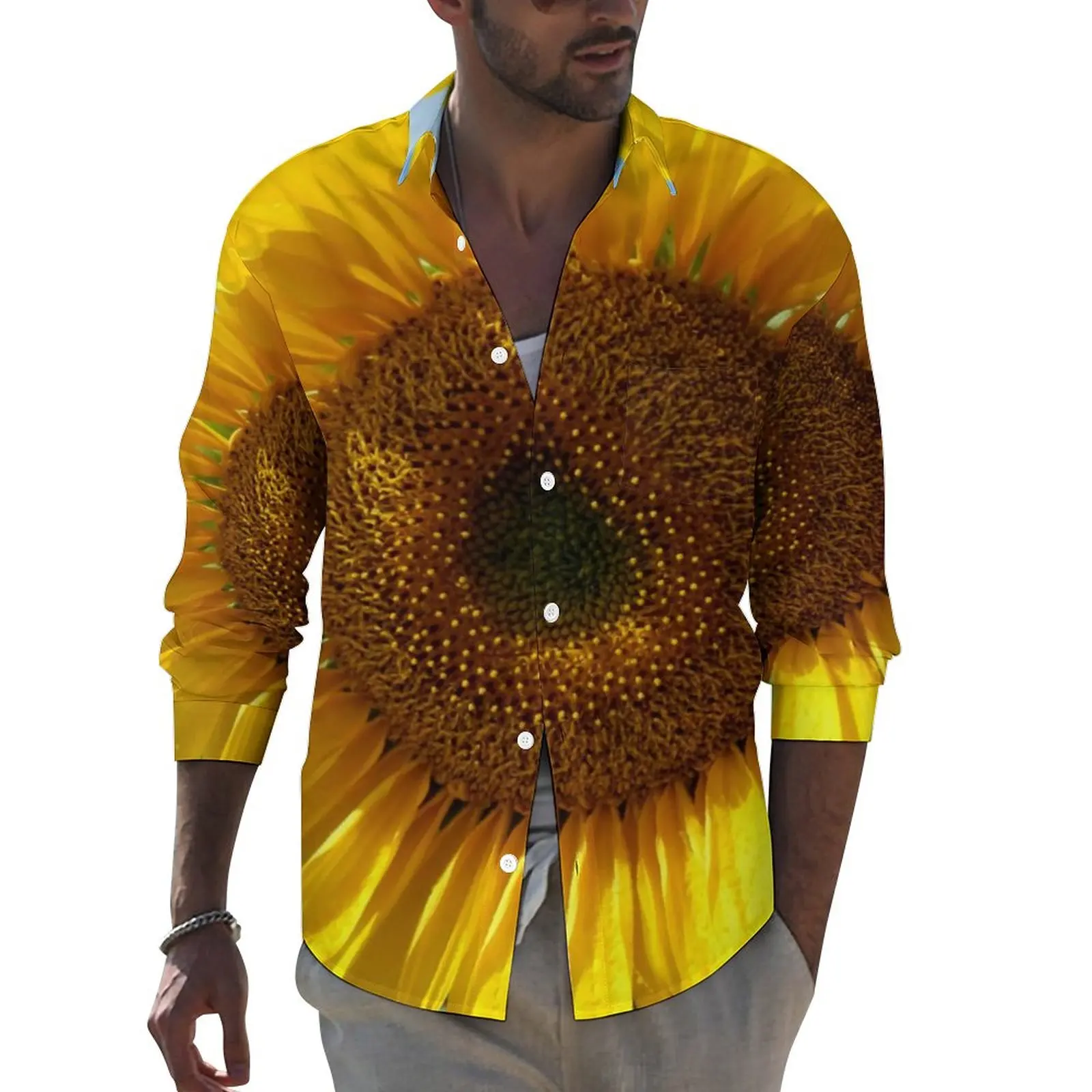 

Yellow Flower Shirt Men Big Sunflower Print Casual Shirts Autumn Y2K Graphic Blouses Long Sleeve Vintage Oversized Tops Present
