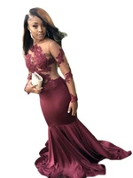 burgundy lace mermaid prom dresses 2023 sheer neck long sleeves sexy backless formal party evening gowns with lace appliques