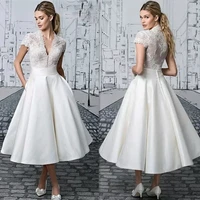 lace appliques short wedding dresses for women 2022 a line satin tea length cap sleeve v neck button civil vintage bridal gown