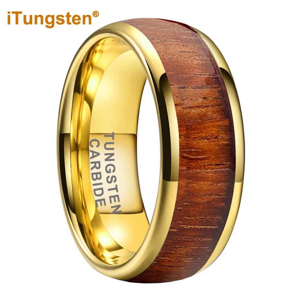 

iTungsten 6mm 8mm Gold Tungsten Ring for Men Women Wedding Band Engagement Ring Fashion Jewelry Koa Wood Inlay Comfort Fit