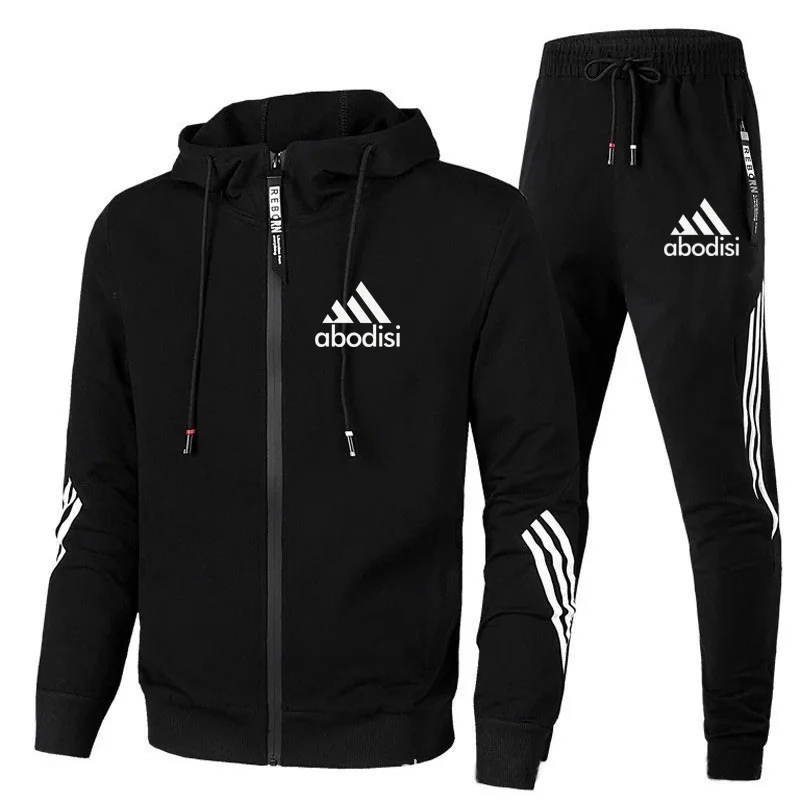 

Autumn Winter Fashion Sportswear Two Pieces Sets Men Printed Zipper Hoodies + Striped Sweatpants Set Gyms Training Tracksuit Men