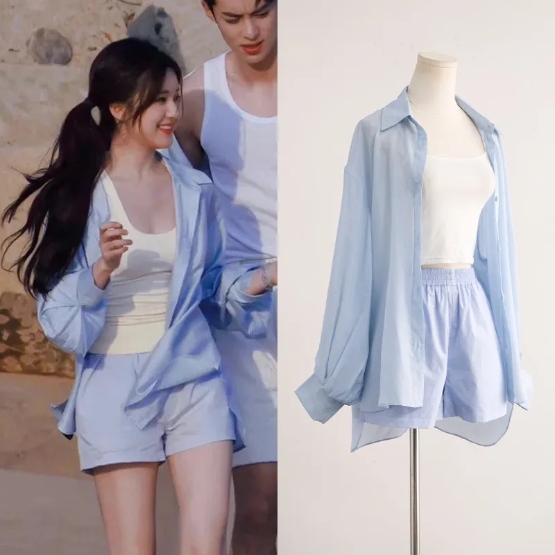 

[In Stock] Zhao Lusi the same blue lantern long-sleeved shirt shirt new straight shorts fashion suit female tide