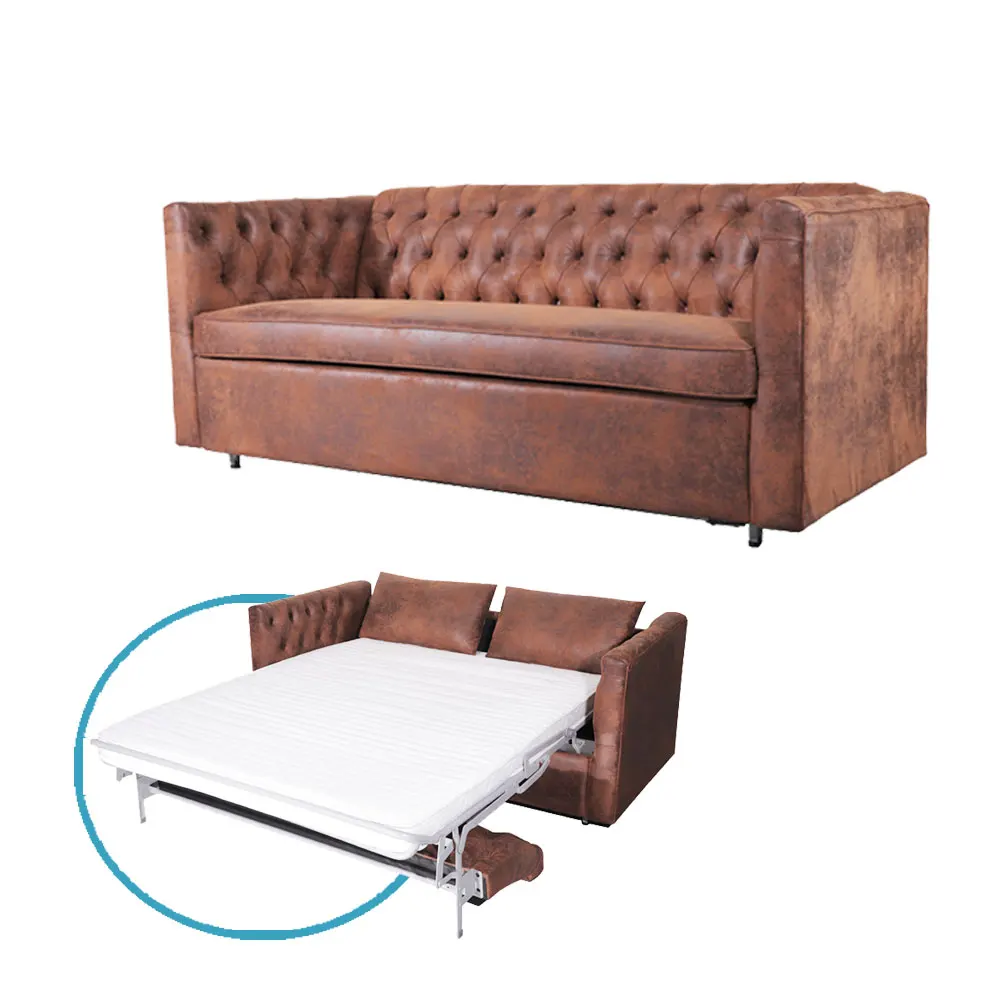 

European Stylish Bedroom & living Room Couch With Pull Out Bed Vintage Leather Brown Tufed Foldable Double Sofa Cum Bed