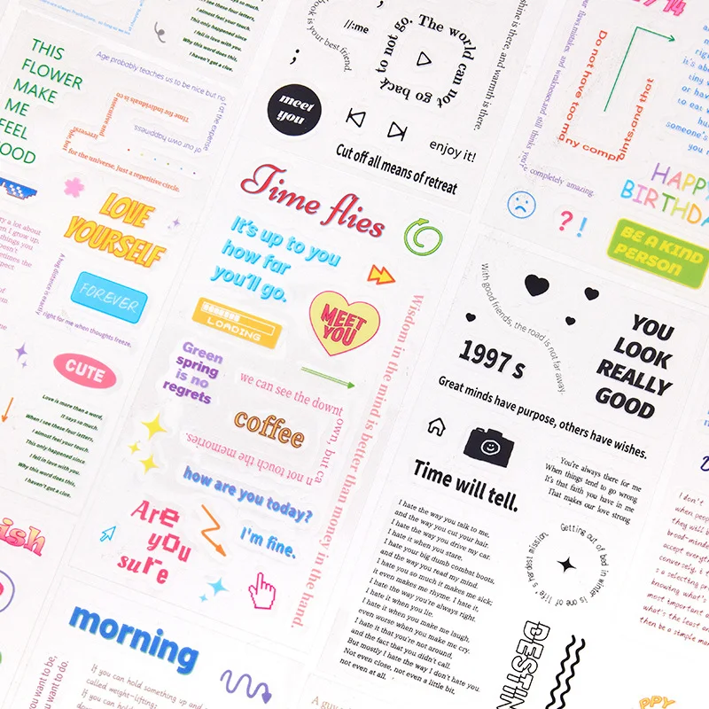 

MOHAMM 4 Sheets PET Creative Cute English Phrases Stickers for Scrapbooking DIY Materials Decorative Collage Journaling