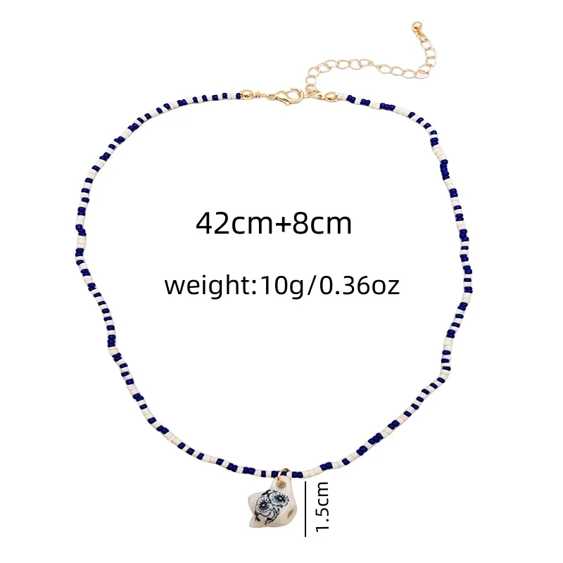 Женское винтажное ожерелье ручной работы из рисовых бусин с синей и белой эмалью