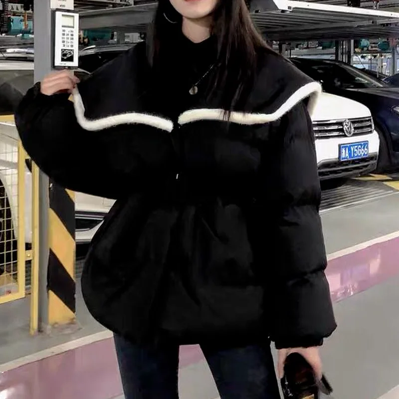 Winter Jacket Women Thick and Warm Korean Version of The Navy Collar Waist Mid-length Cotton Clothes Elegant Loose Coat Women