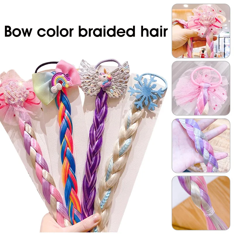 

2pcs Children Cosplay Bow Colored Braided Hair Long Hair Princess Headdress Baby Head Rope Hair Ring Kids Holiday Party Headwear
