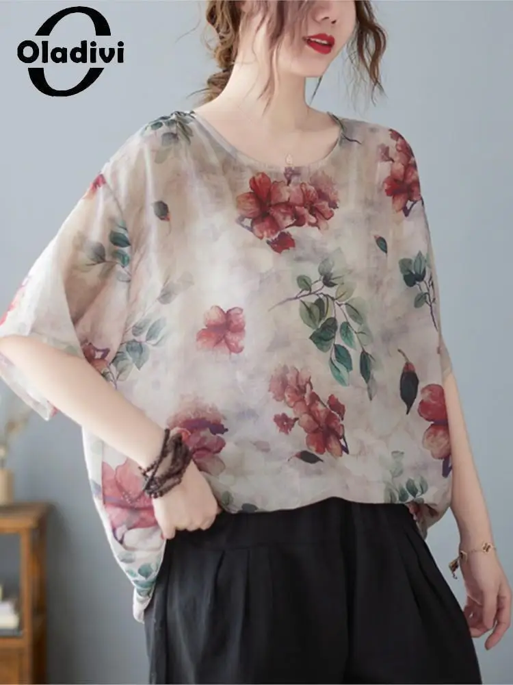 

Oladivi Fashion Flral Print Short Sleeve Large Size Shirts for Women 2022 Summer New Casual Loose Oversized Tops Blouses 1631